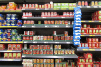 Display of tin soup and packet soup inside Morrisons supermarket located in the town of Cromer, Norfolk, England