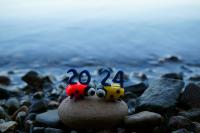 Graphic of maybugs sitting on pebbles in a river, holding the date 2024