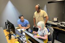 Three people shown training on computer screens