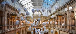 The Floating Heads by Sophie Cave in the East Court at Kelvingrove Art Gallery and Museum