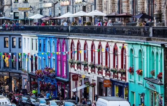 A photograph of colourful houses on a street in Edinburgh