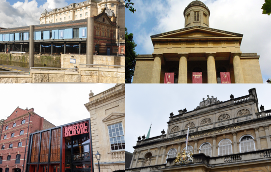 Clockwise from top left: The Watershed, St George's, RWA, Bristol Old Vic