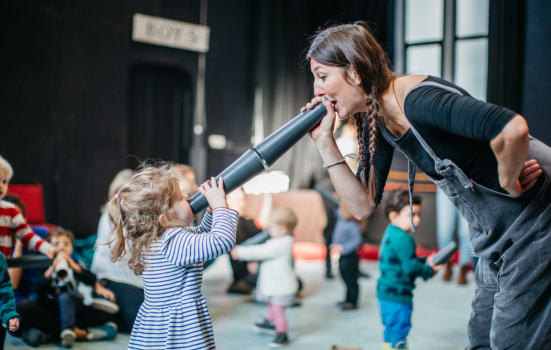 Lotte Nørgaard, Co-founder of Dragonbird Theatre with child.