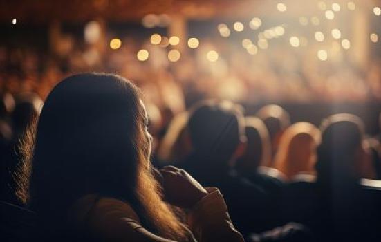 Audience in theatre. Image depicts backs of heads and stage in background