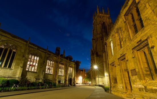 A photo of a York Minster cathedral at night