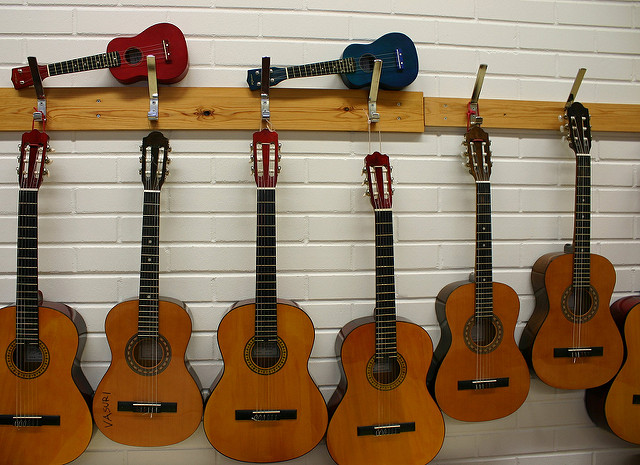 Photo of guitars hanging from wall