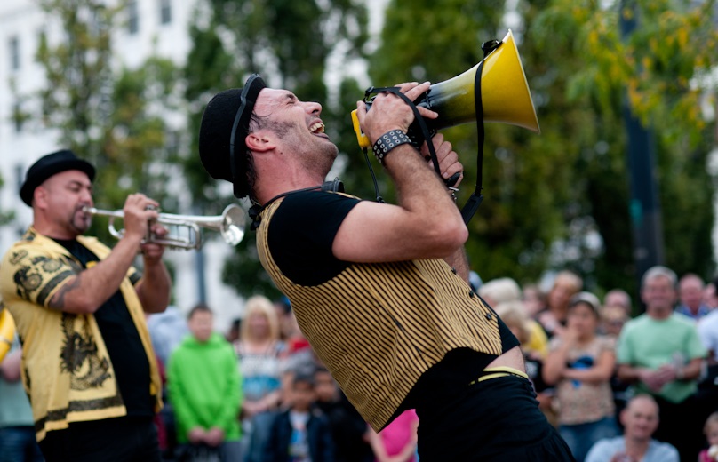 Outdoor performance - man with loud speaker