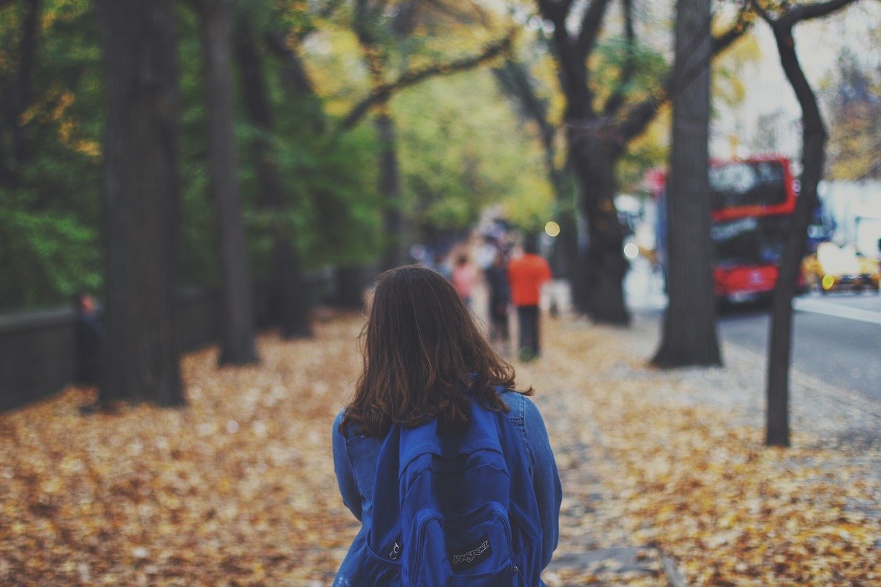 A child with a backpack walking along the road