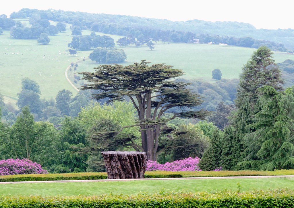 A photo of a sculpture surrounded by green fields