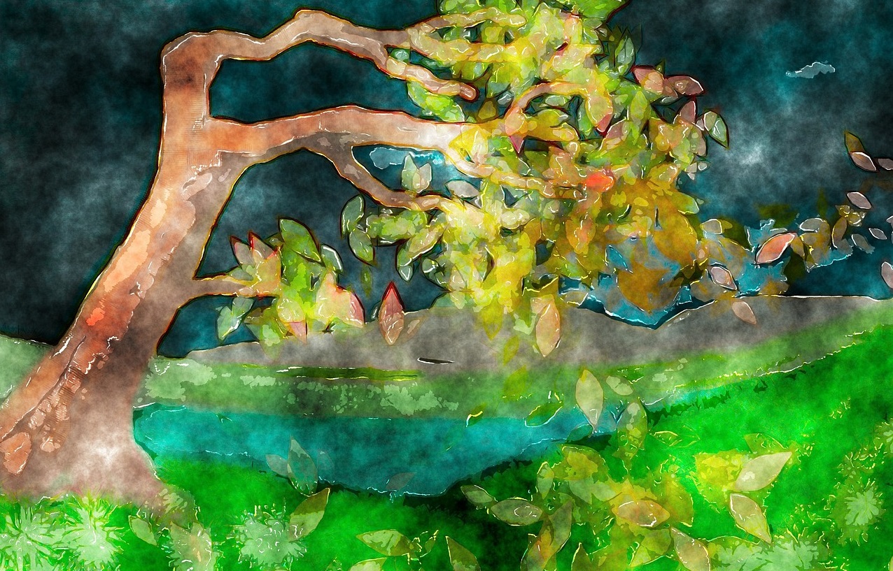 A painting of a tree bending in the wind