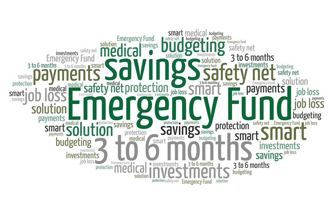 a word cloud image featuring phrases such as savings, emergency fund, 3 to 6 months, safety net and others