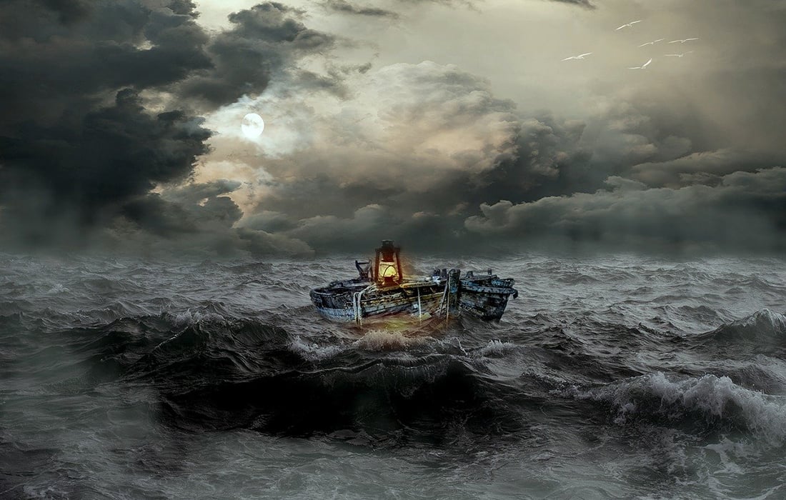 a painting of a ship in a stormy sea