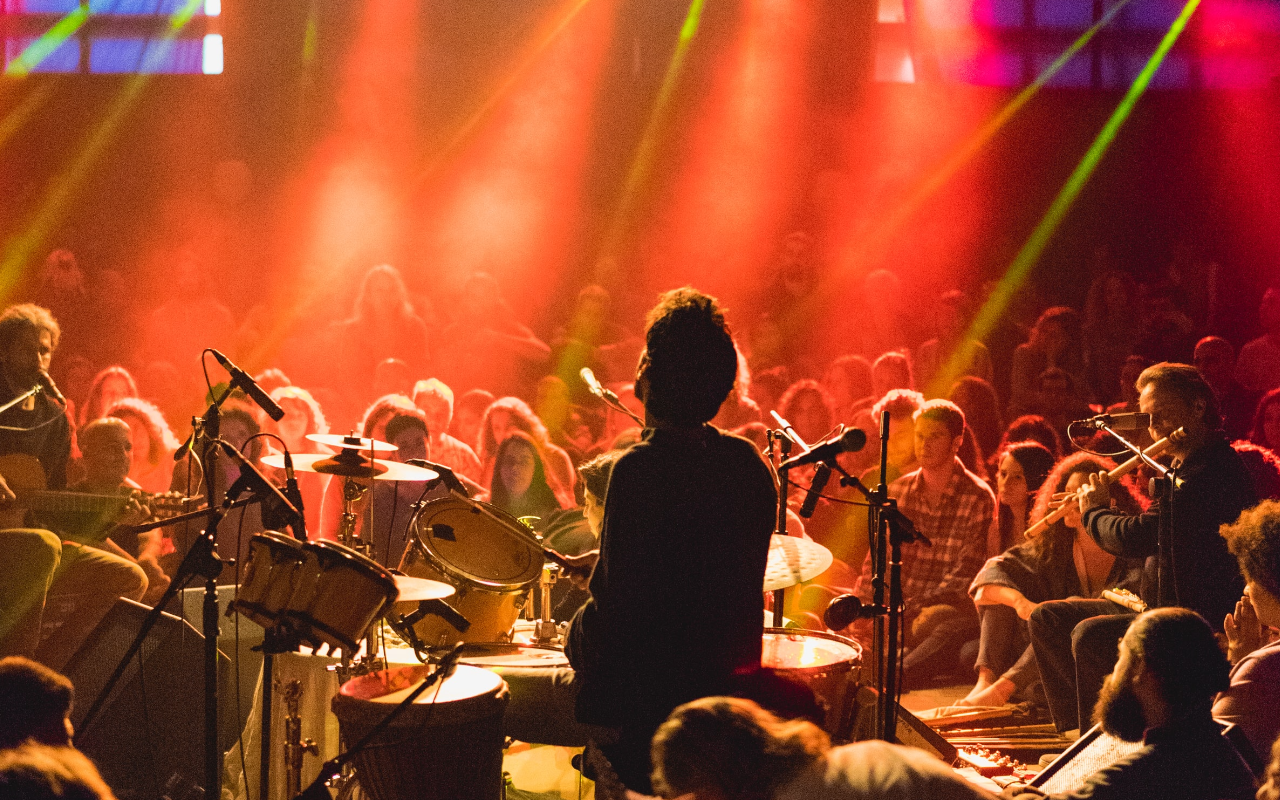 a band plays to a live audience