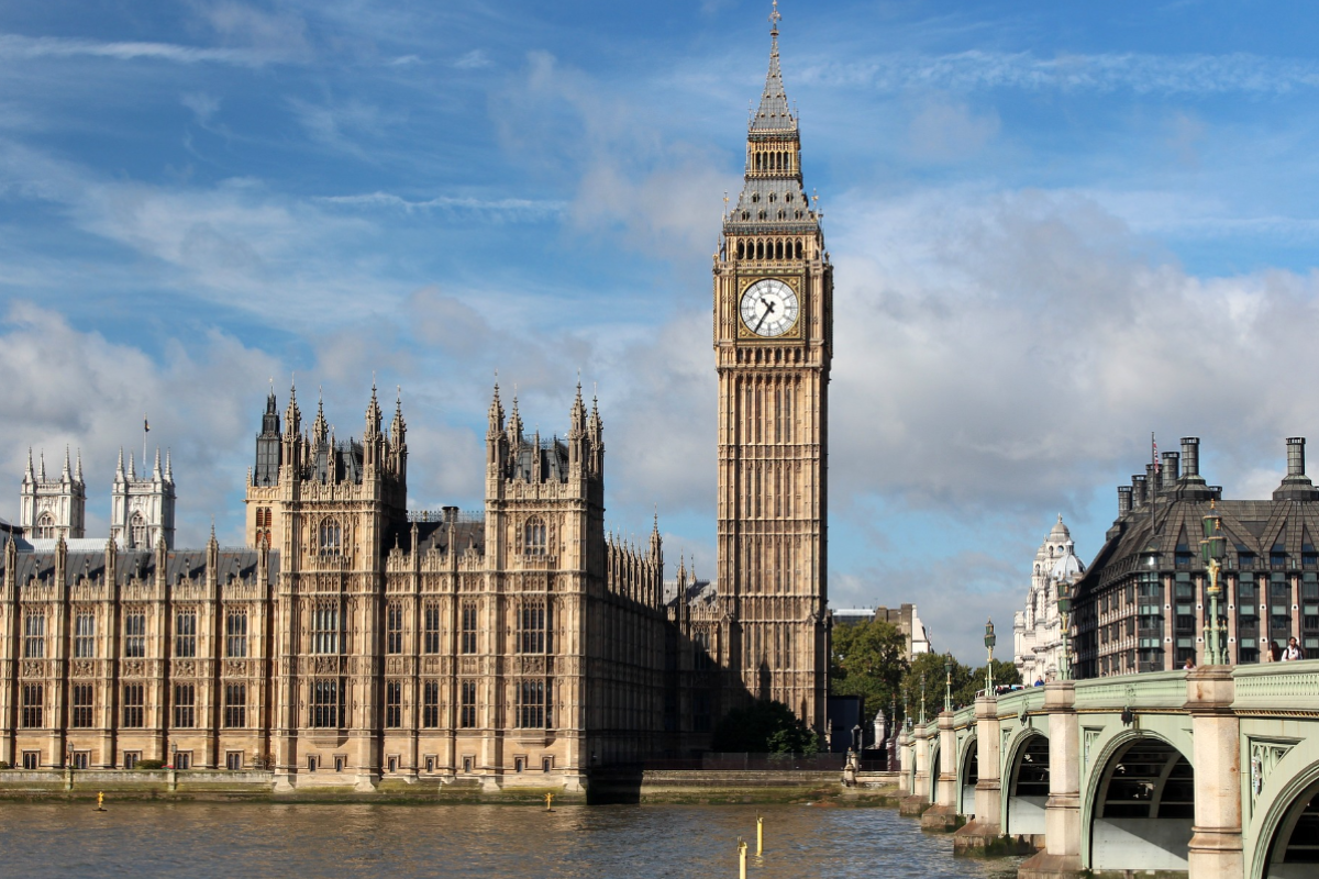 landscape view of Houses of Parliament next to Big Ben and Westminster Bridge