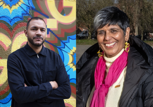 Left to Right: Debo Adebayo, Kully Thiarai. Two images edited together. Adebayo stands against a spray-painted wall with his arms crossed. He wears a navy bomber jacket, and has short, dark brown hair, moustache and beard. Thiarai is an Asian woman. She stands outside and is smiling at the camera. She has short, black/grey hair. She wears a black coat, white turtleneck jumper, pink scarf, and gold, hoop earrings.