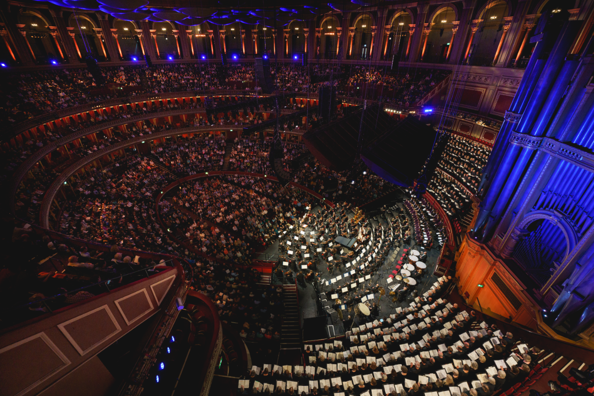 Aerial view of the Royal Philharmonic Orchestra playing to a full crowd