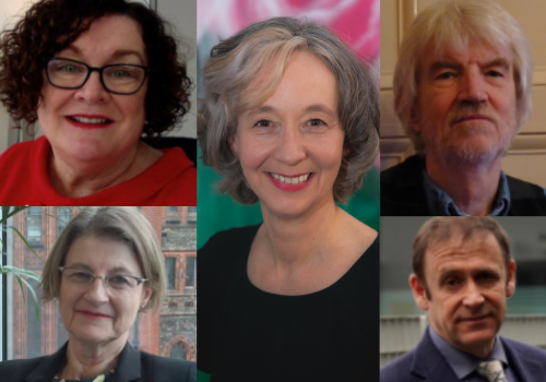 (Clockwise from centre) Anna Farthing, John Belchem, Philip Lloyd, Dinah Birch, Lynn Collins. Headshots of the appointments edited together.