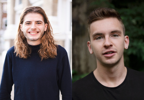 Archie O'Neill (L) and Daniel Cartlidge (R). Two images edited together. They are both white and male. O'Neill has long, light brown hair and wears a black jumper. He stands outside. Cartlidge stands outside on grass. He has short, brown hair styled upwards and wears a black t-shirt. He is smiling slightly at the camera. THe background is blurred is both images; they are teh cetre.