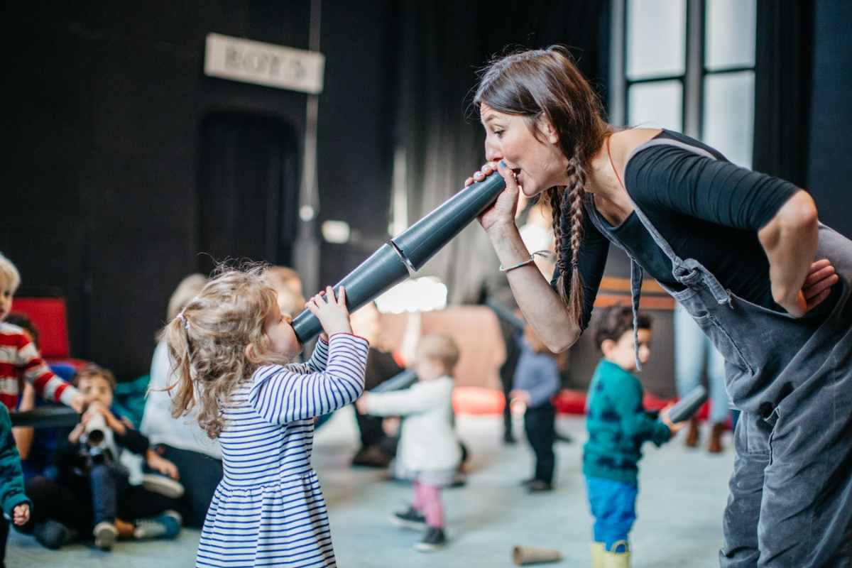 Lotte Nørgaard, Co-founder of Dragonbird Theatre with child.