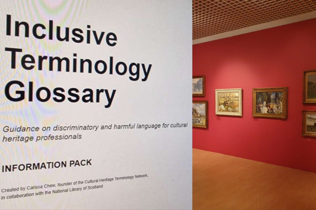 The title page of the inclusive terminology glossary against the background of Paintings in The Potteries Museum & Art Gallery