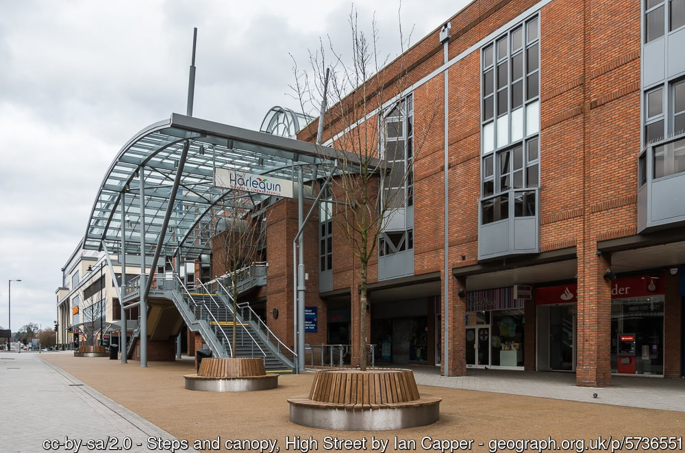 New canopy and entrance to the Harlequin theatre and Redhill Library built in 2016 as part of the Warwick Quadrant redevelopment, replacing the previous one dating from 1986