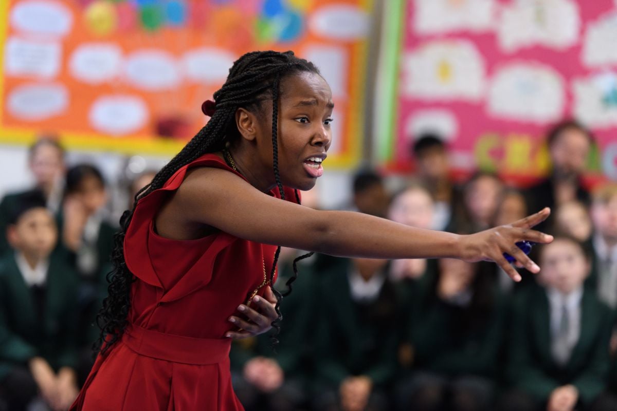 First Encounters with Shakespeare: Romeo and Juliet production photos, January 2024. Directed by Philip J Morris, designed by Ebrahim Nazier.
Photos taken at Sydenham Primary School, Leamington Spa. Photo by Joe Bailey (c) RSC